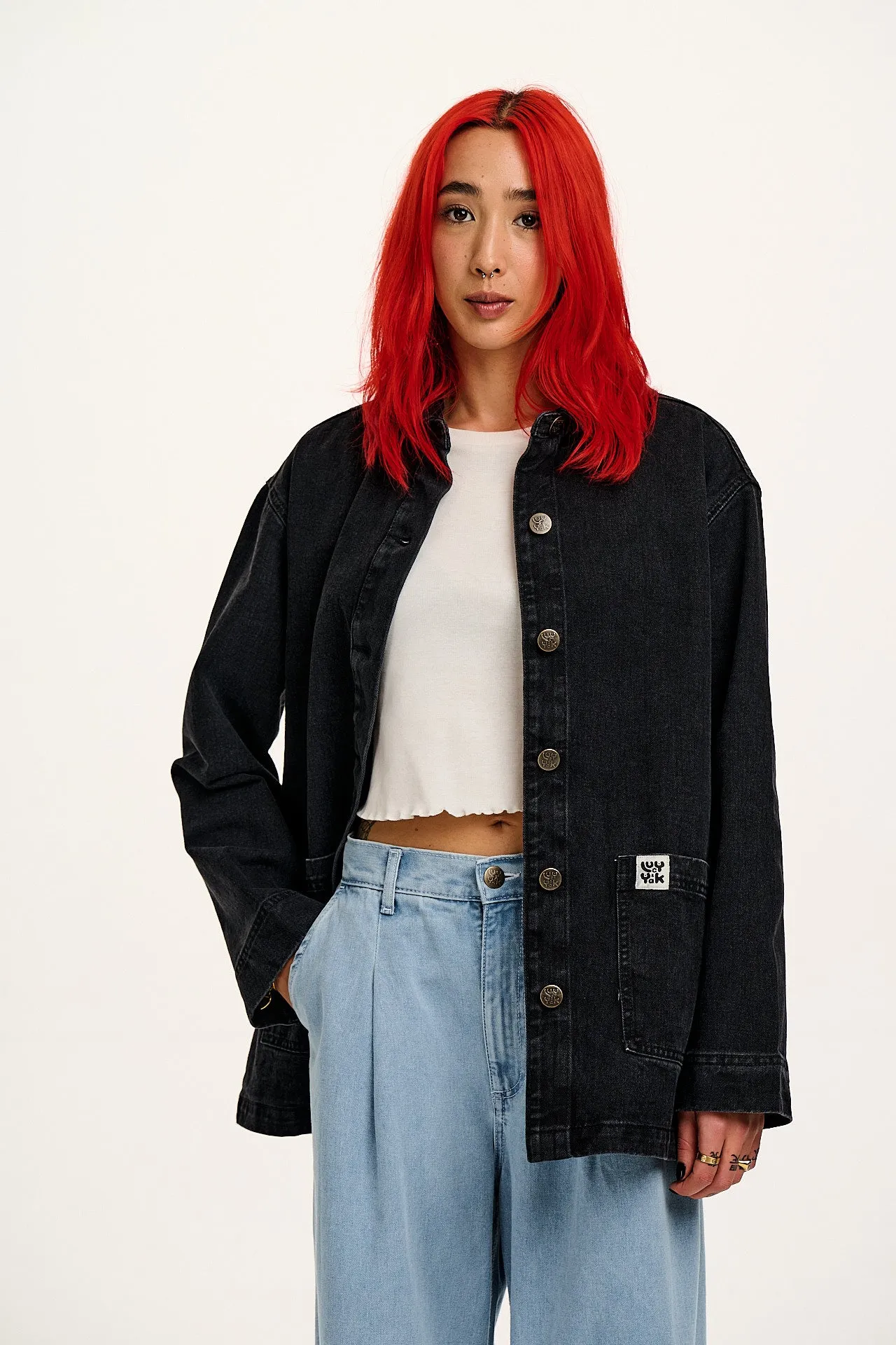 Olly - Denim Jacket in Washed Black sold by Lucy & Yak