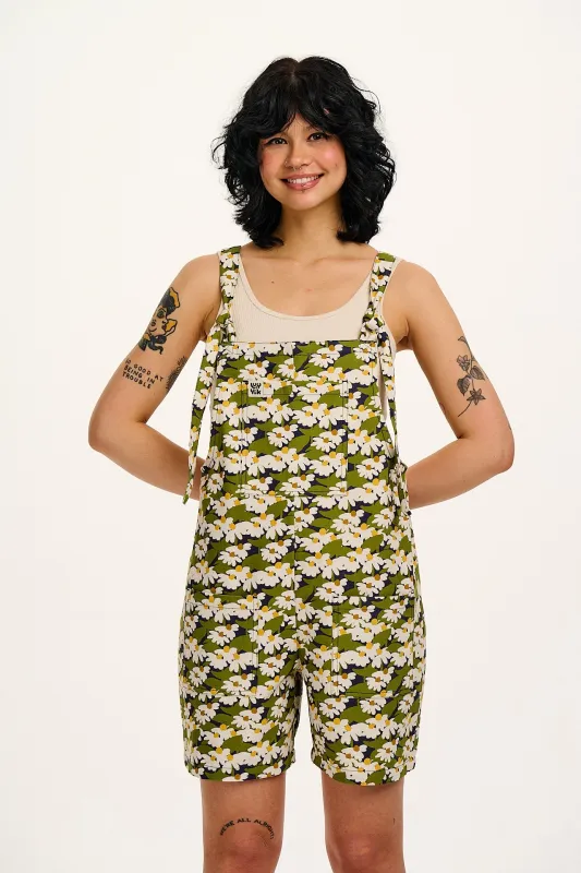 Original - Cotton Dungaree Shorts in Green Birdie Blooms Print sold by Lucy & Yak