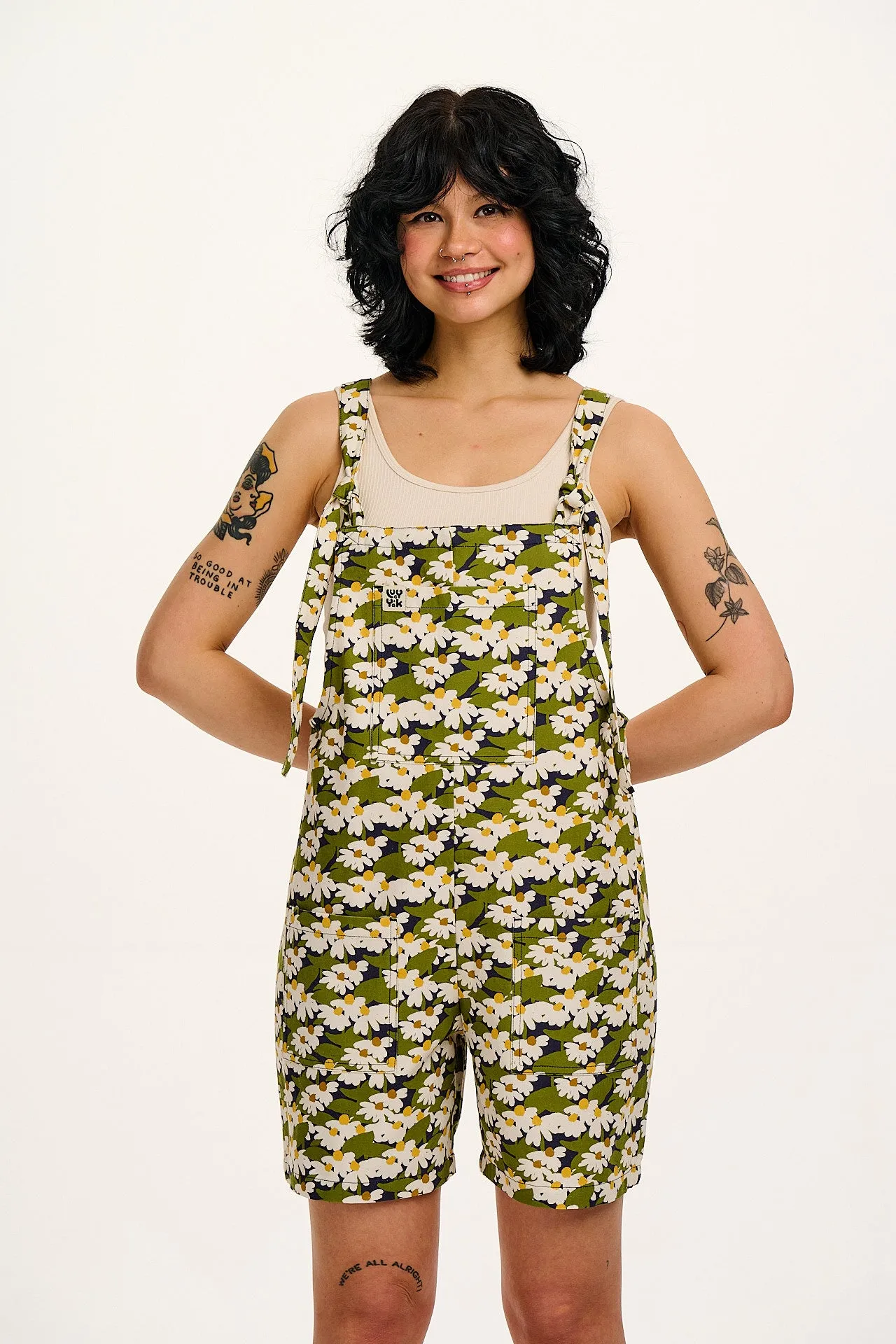 Original - Cotton Dungaree Shorts in Green Birdie Blooms Print sold by Lucy & Yak