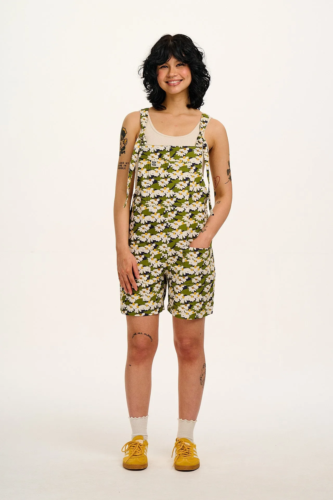 Original - Cotton Dungaree Shorts in Green Birdie Blooms Print sold by Lucy & Yak product image thumbnail 4