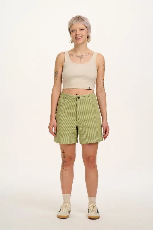 Lexi - High Waist Cotton Shorts in Green Hickory Stripe sold by Lucy & Yak