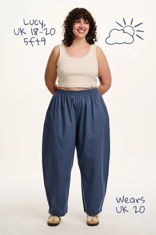 Freddie - Barrel Leg Cotton & Linen Trousers in Vintage Indigo sold by Lucy & Yak