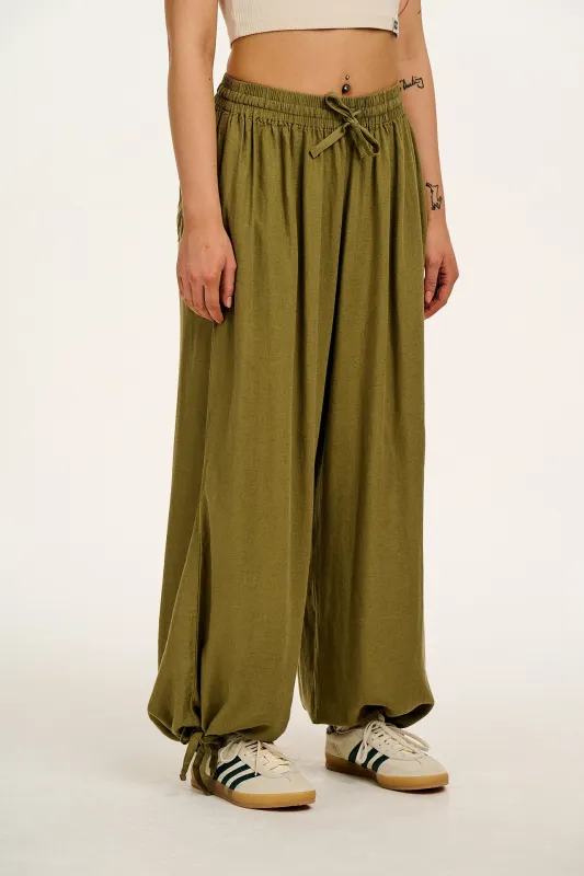 Mylo - Wide Leg Trousers in Herb Garden Green sold by Lucy & Yak