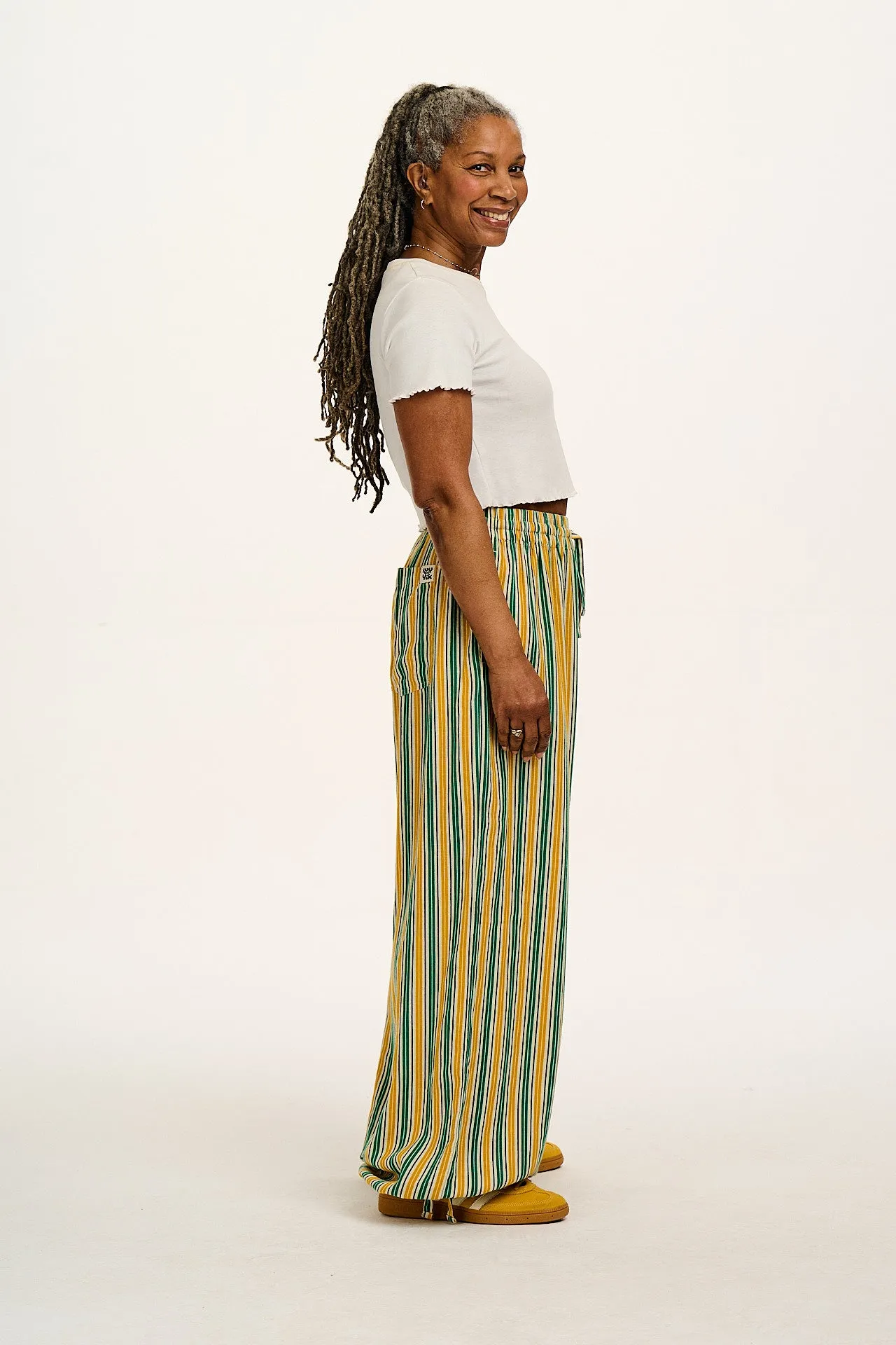 Mylo - Wide Leg Trousers in Green & Yellow Cabana Stripe sold by Lucy & Yak product image thumbnail 4