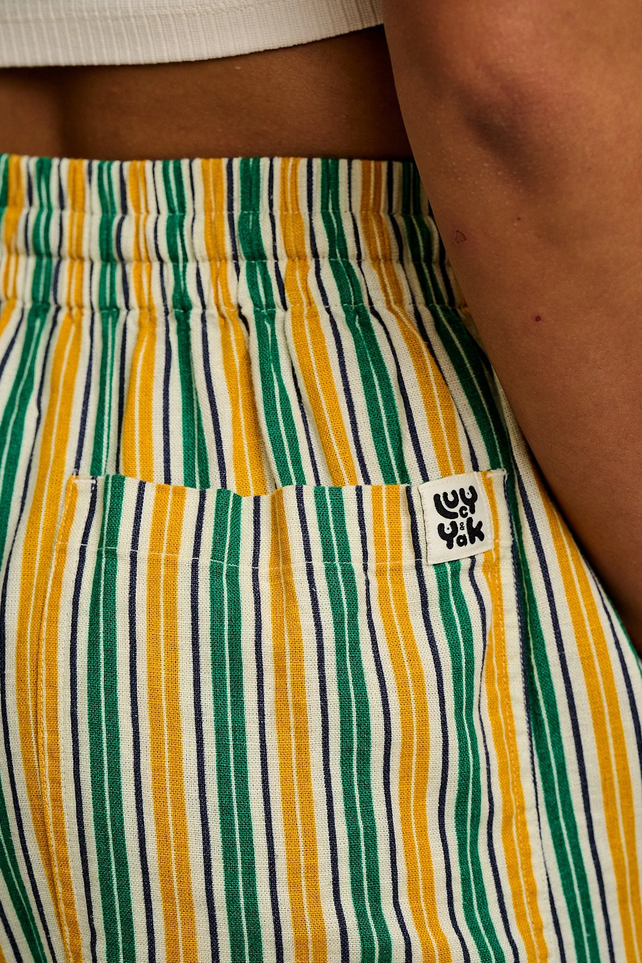 Mylo - Wide Leg Trousers in Green & Yellow Cabana Stripe sold by Lucy & Yak product image thumbnail 3