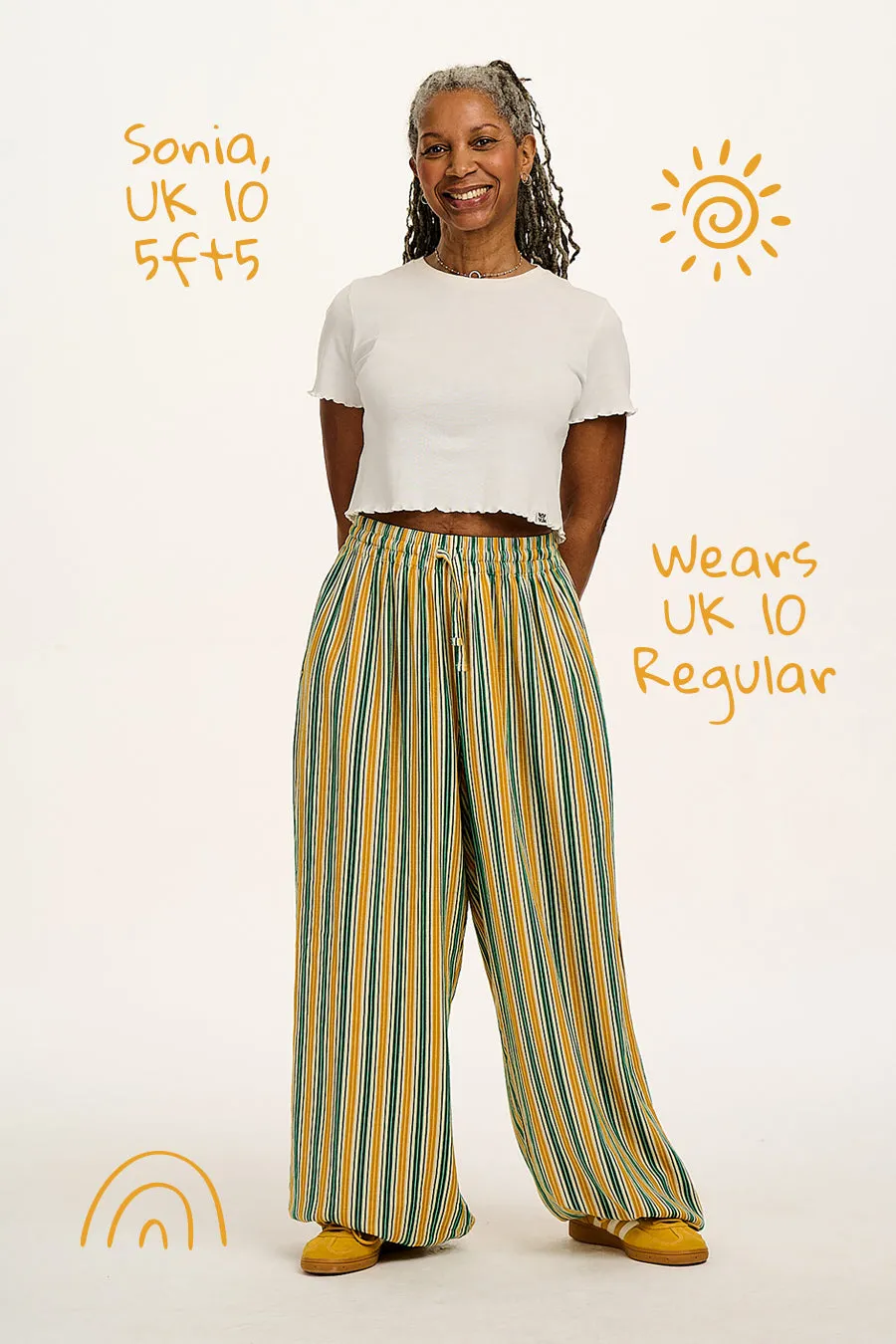 Mylo - Wide Leg Trousers in Green & Yellow Cabana Stripe sold by Lucy & Yak