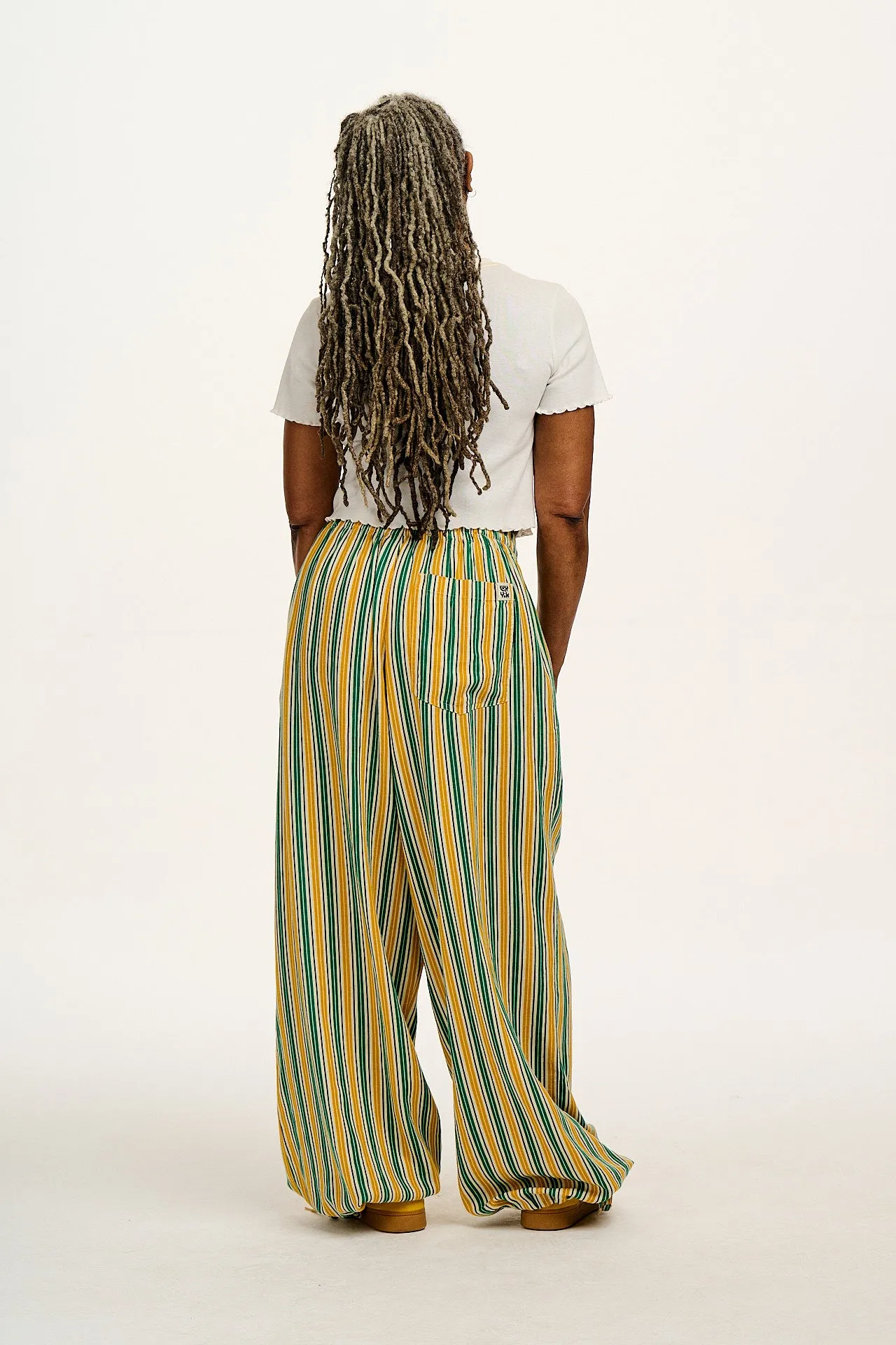 Mylo - Wide Leg Trousers in Green & Yellow Cabana Stripe sold by Lucy & Yak product image thumbnail 5