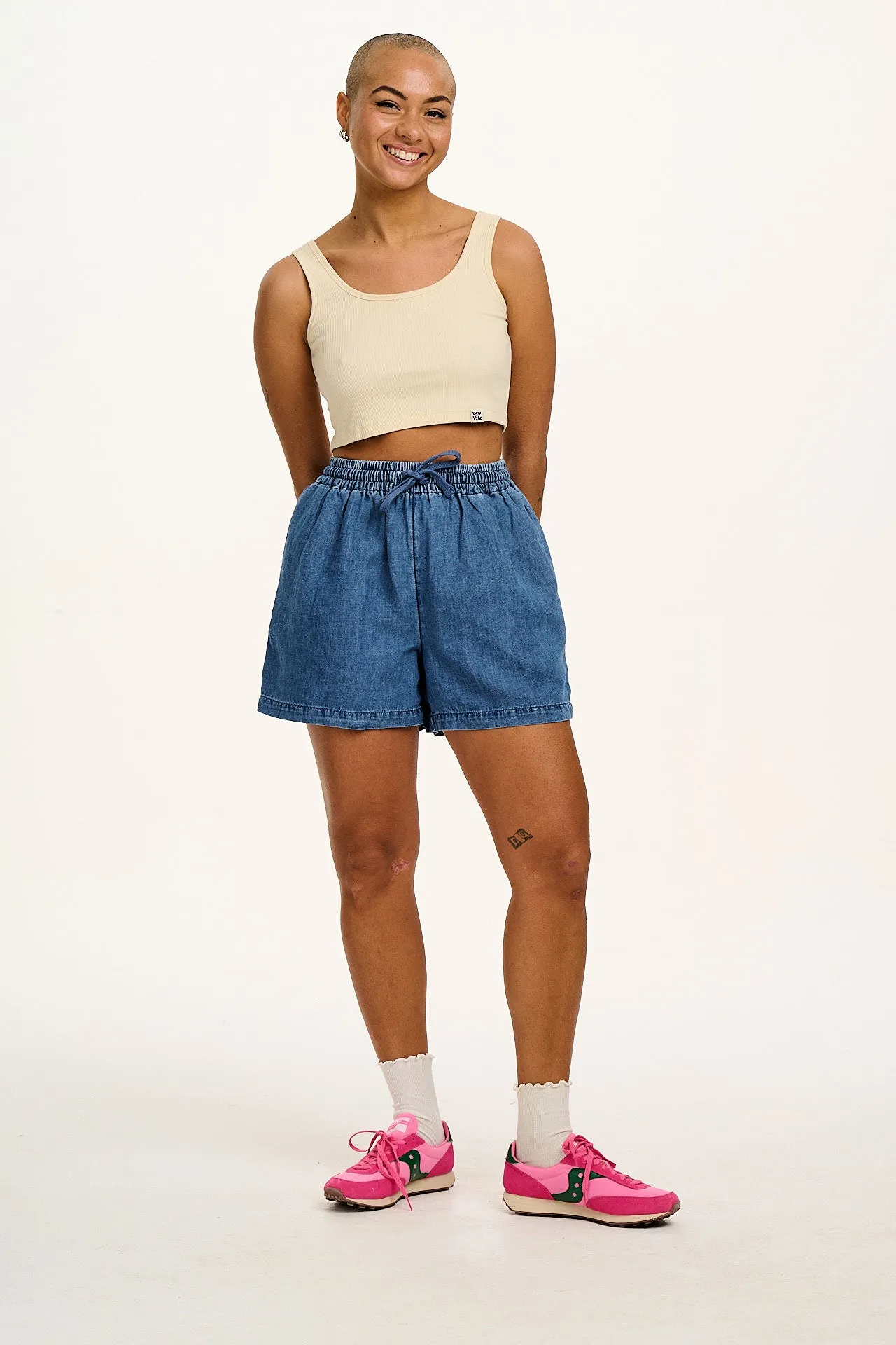 Charlie - Cotton & Hemp Shorts in Mid Wash Blue sold by Lucy & Yak