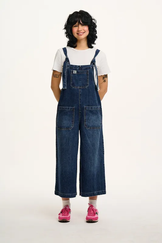 Jenny - Wide Leg Denim Dungarees in Vintage Wash Blue sold by Lucy & Yak