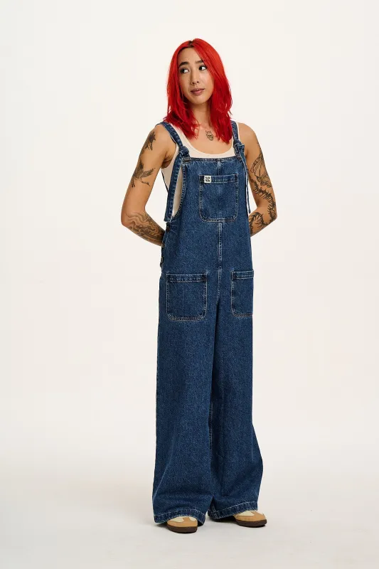 Ali - Wide Leg Denim Dungarees in Mid Wash Blue sold by Lucy & Yak