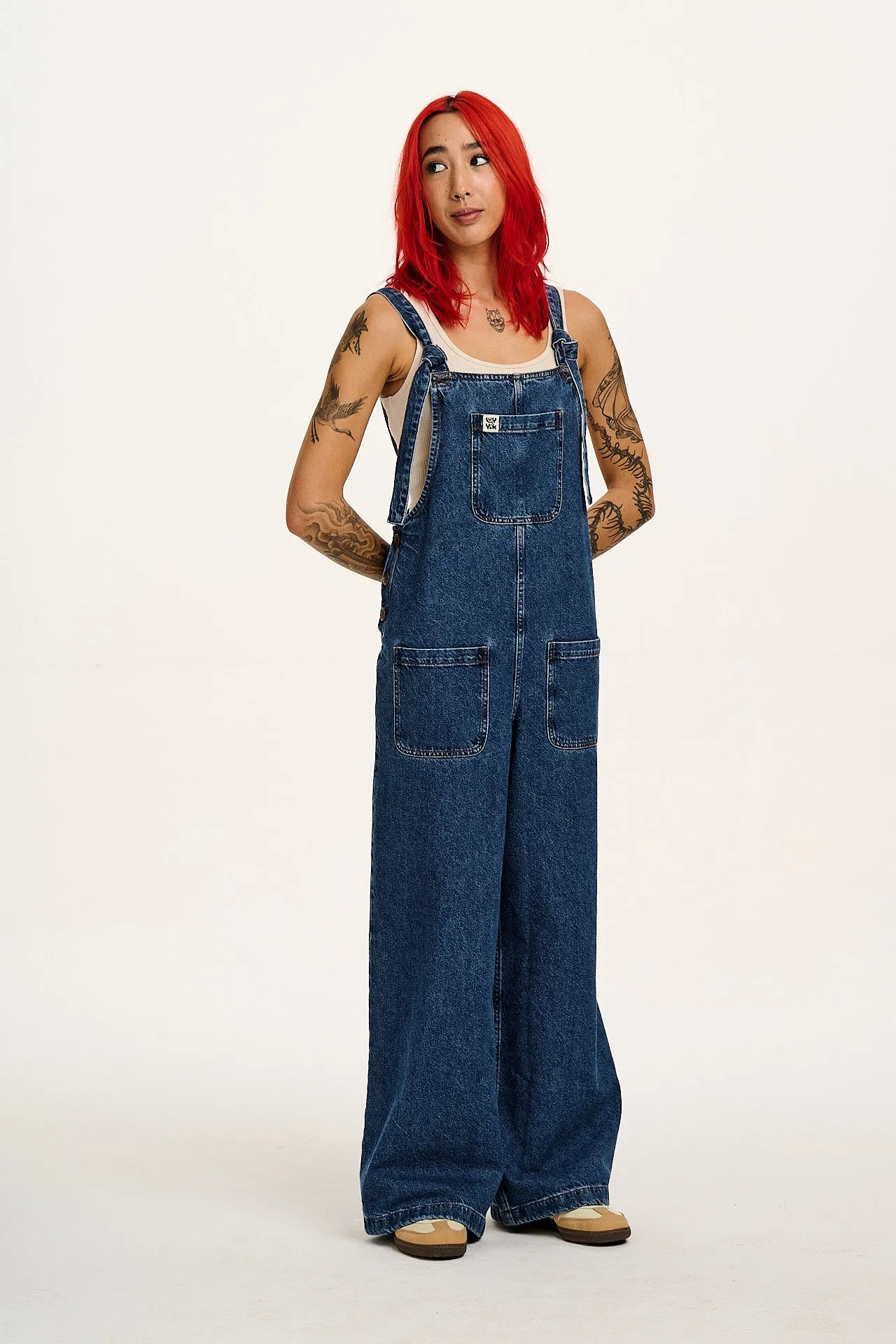 Ali - Wide Leg Denim Dungarees in Mid Wash Blue sold by Lucy & Yak