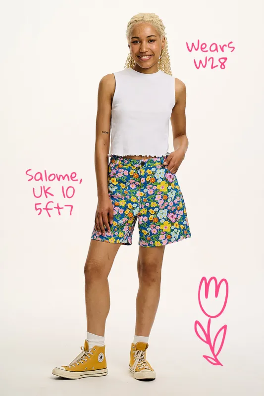 Lexi - High Waist Denim Shorts in Island Blooms Scribbled Floral Print sold by Lucy & Yak