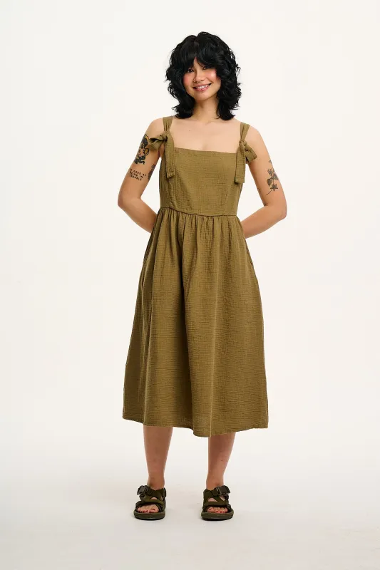Faye - Midi Cotton Gauze Dress in Khaki Green sold by Lucy & Yak