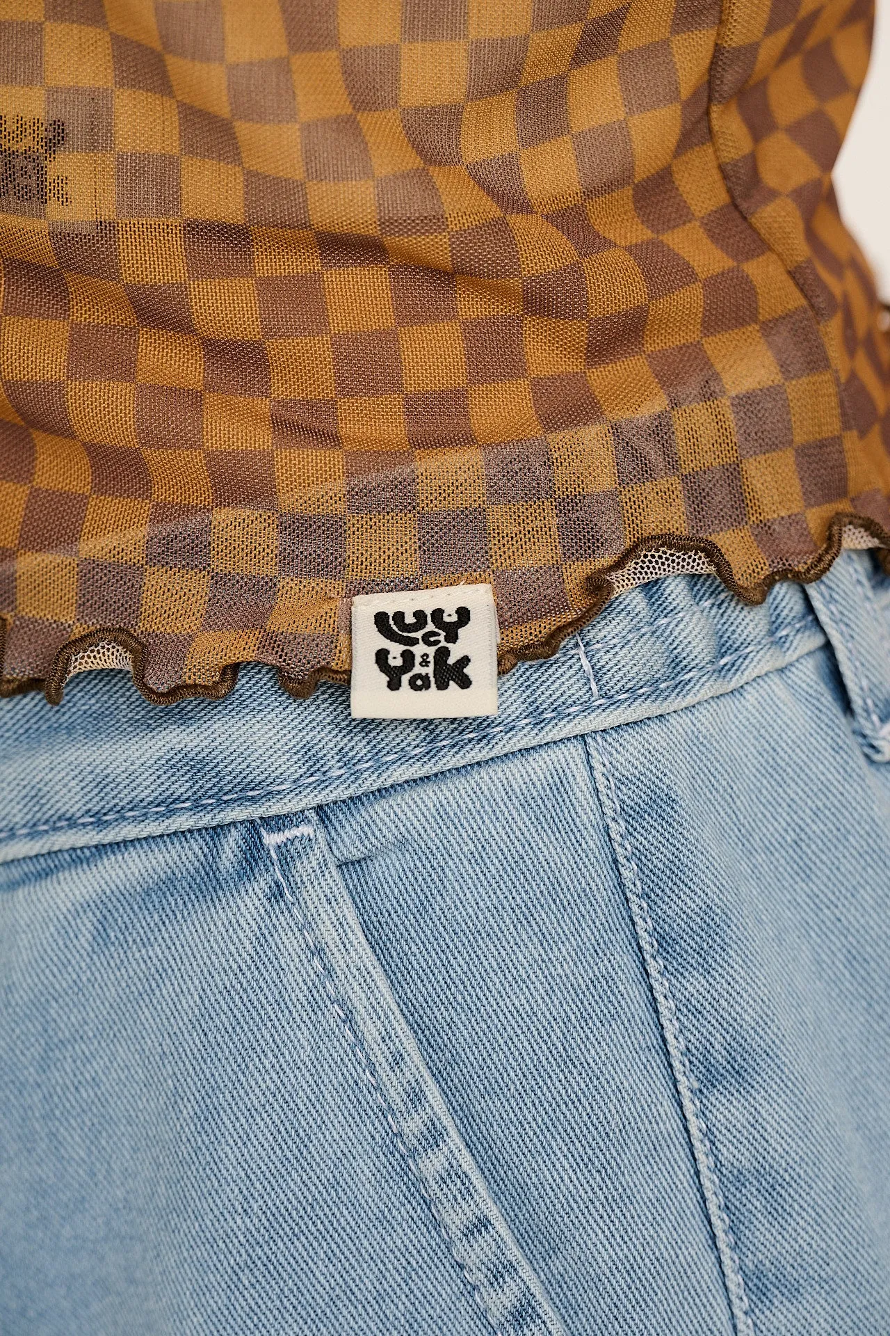 Greta - Cropped Mesh Top in Yellow & Brown Checkerboard sold by Lucy & Yak product image thumbnail 3