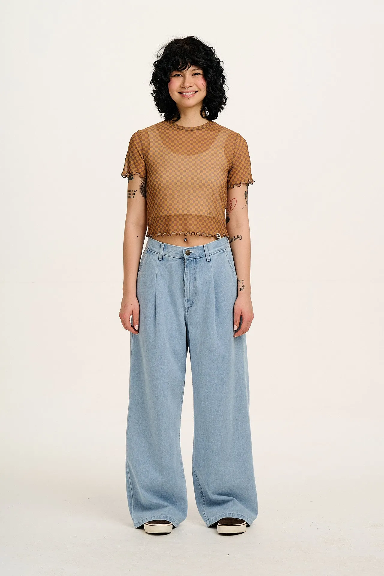 Greta - Cropped Mesh Top in Yellow & Brown Checkerboard sold by Lucy & Yak product image thumbnail 4