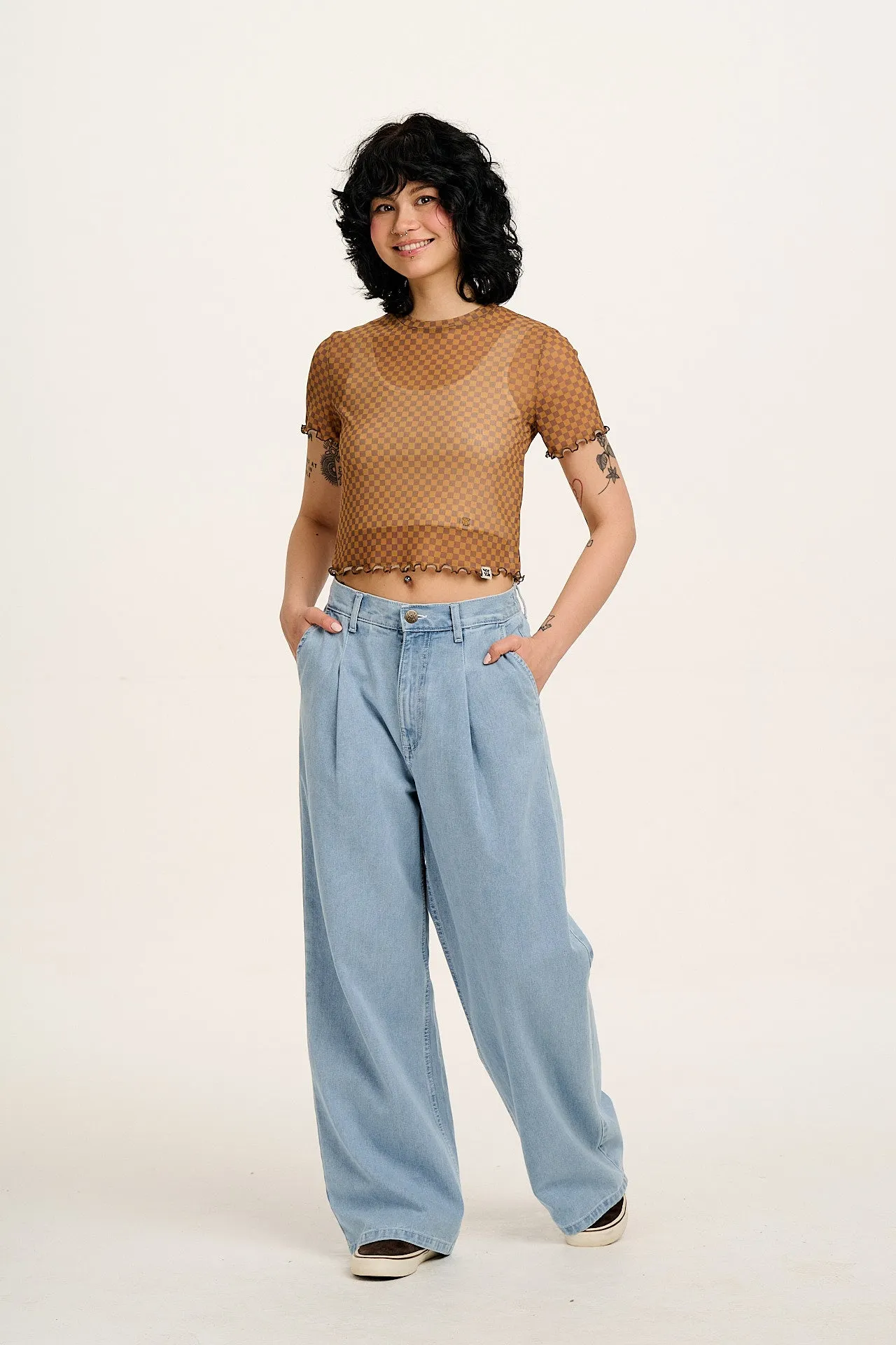 Greta - Cropped Mesh Top in Yellow & Brown Checkerboard sold by Lucy & Yak product image thumbnail 5