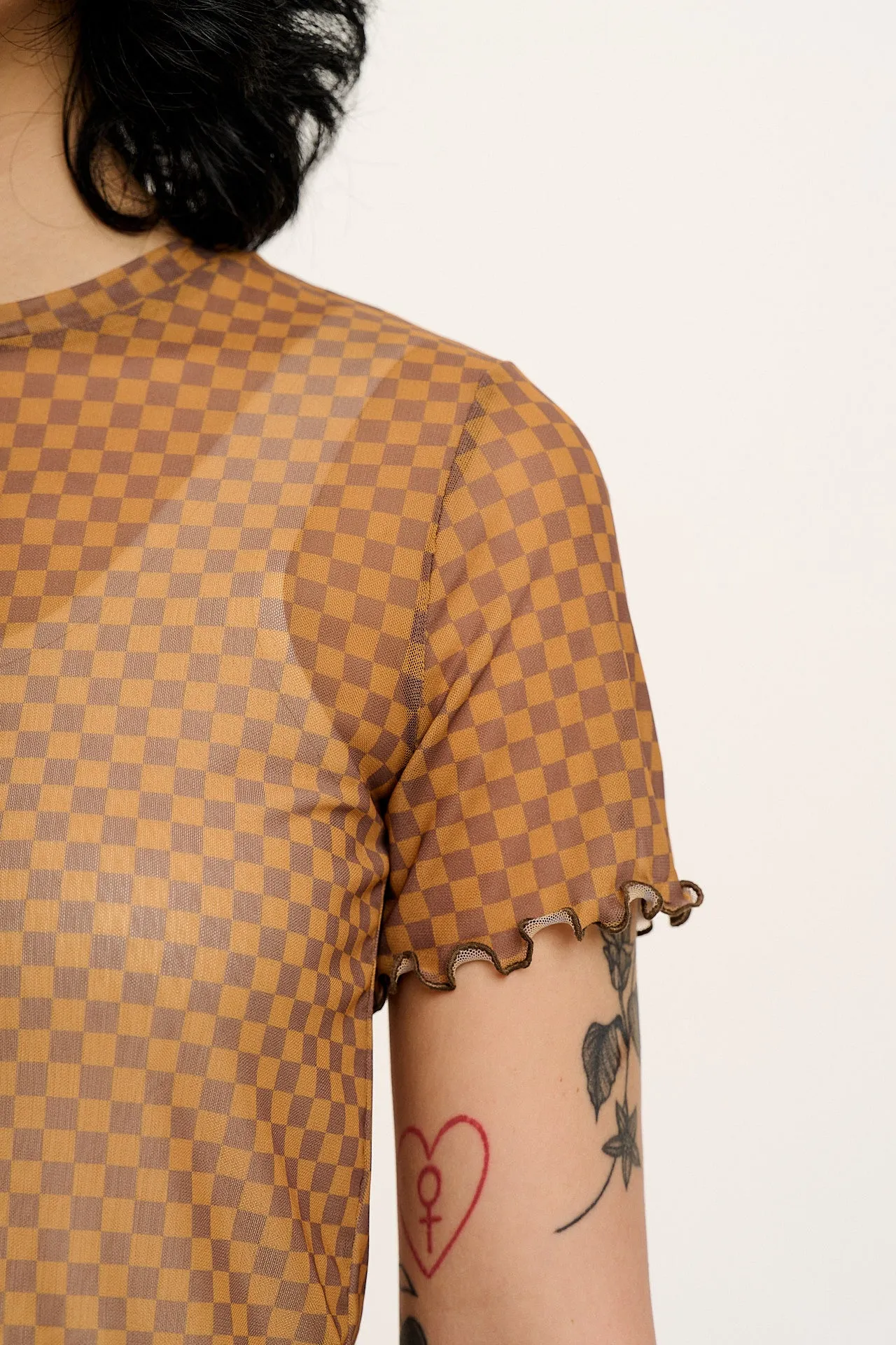 Greta - Cropped Mesh Top in Yellow & Brown Checkerboard sold by Lucy & Yak product image thumbnail 2