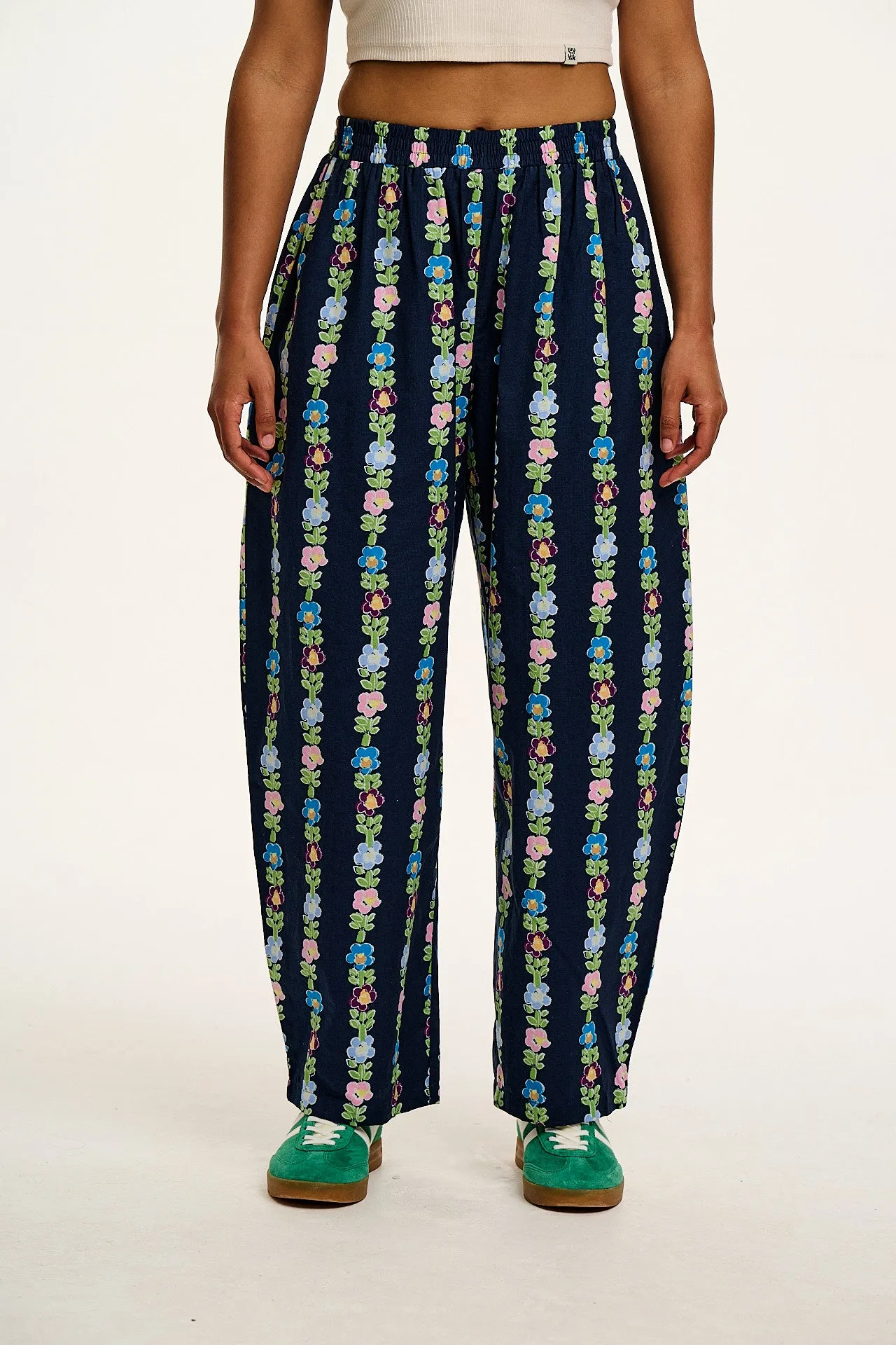 Freddie - Barrel Leg Cotton & Linen Trousers in Navy Island Bloom Print sold by Lucy & Yak product image thumbnail 4