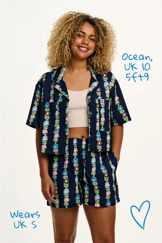 Jessie - Cotton & Linen Shorts in Navy Island Bloom Floral Print sold by Lucy & Yak