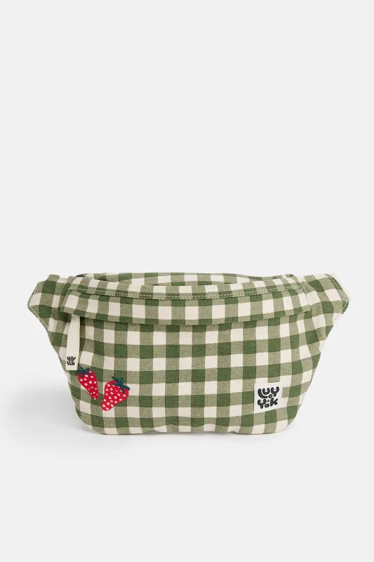 Brodie - Cotton Bumbag in Green Gingham with Strawberry Embroidery sold by Lucy & Yak