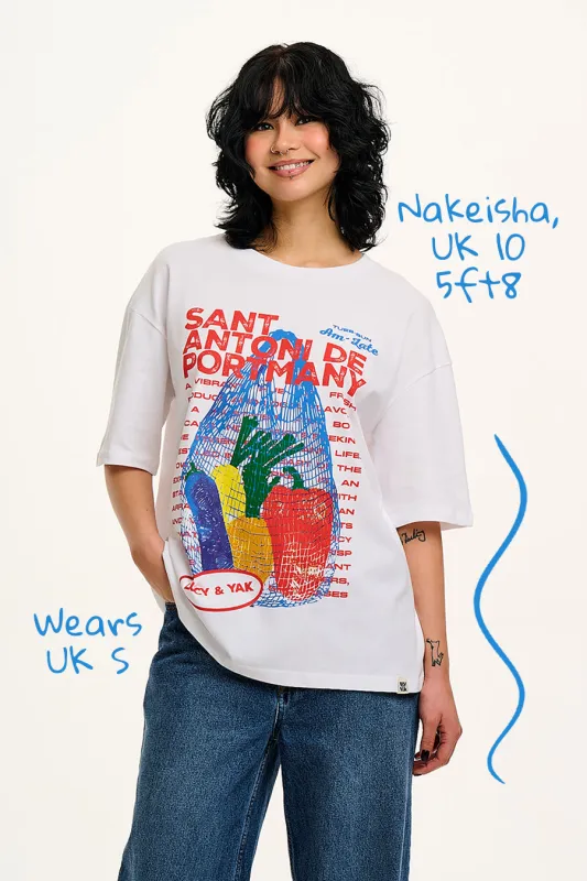 Benny - Oversized Cotton Tee in White Sant Antoni Print sold by Lucy & Yak