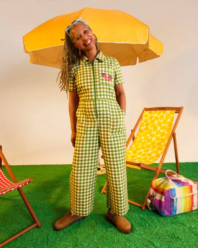 Ragan - Cotton Jumpsuit in Green Gingham with Strawberry Embroidery sold by Lucy & Yak