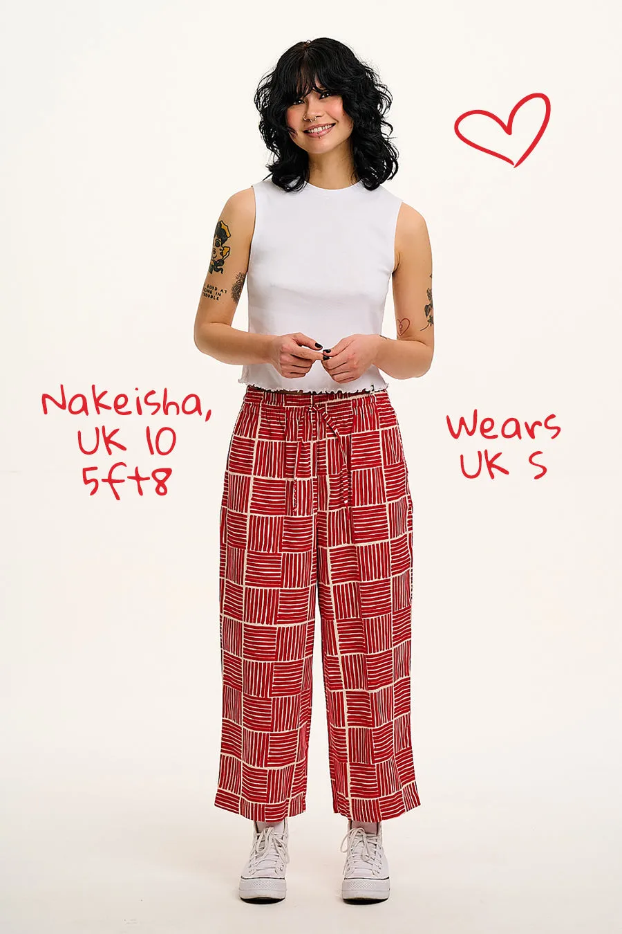 Chuck - Wide Leg Cotton Trousers in Red Geo Print sold by Lucy & Yak