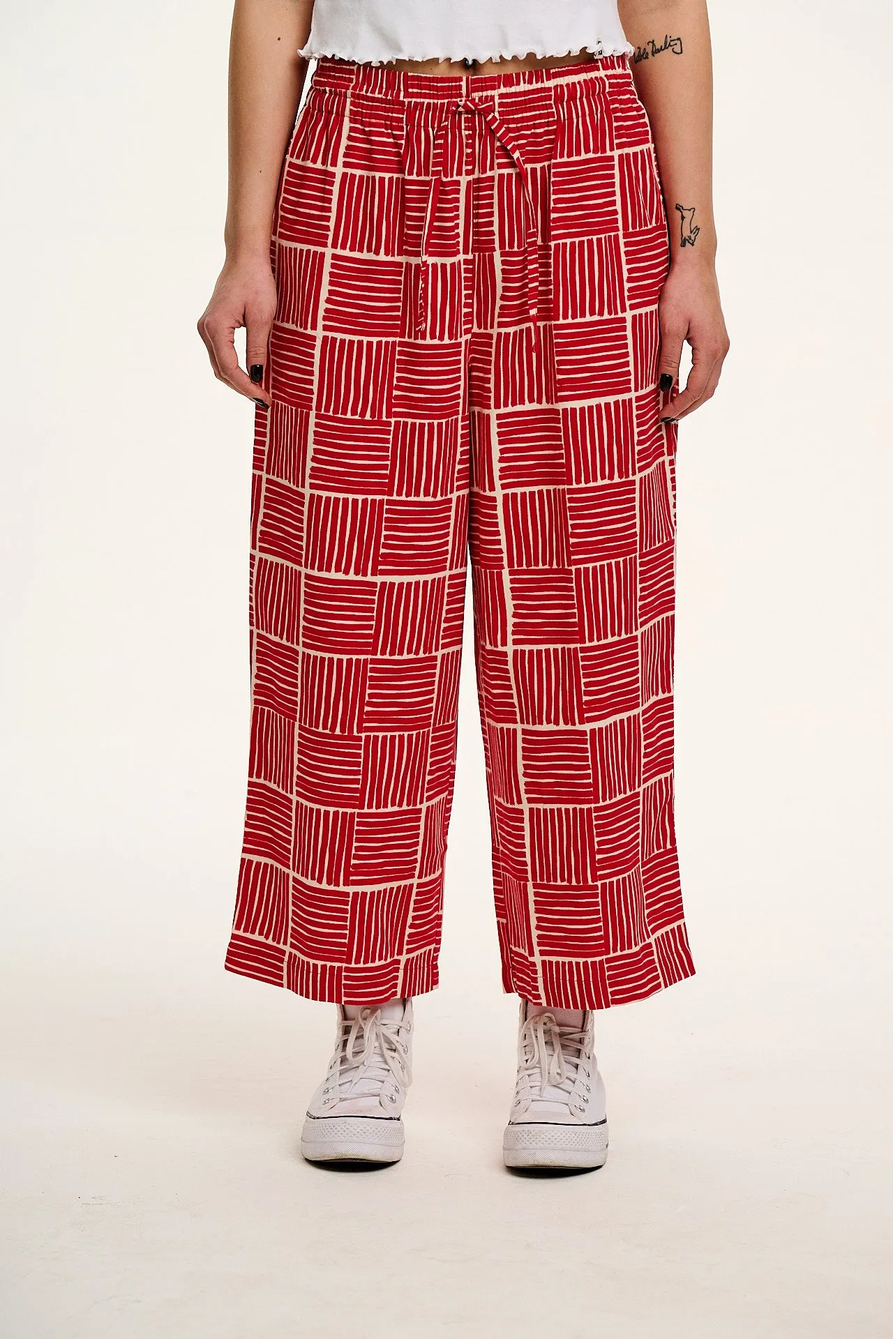 Chuck - Wide Leg Cotton Trousers in Red Geo Print sold by Lucy & Yak product image thumbnail 2