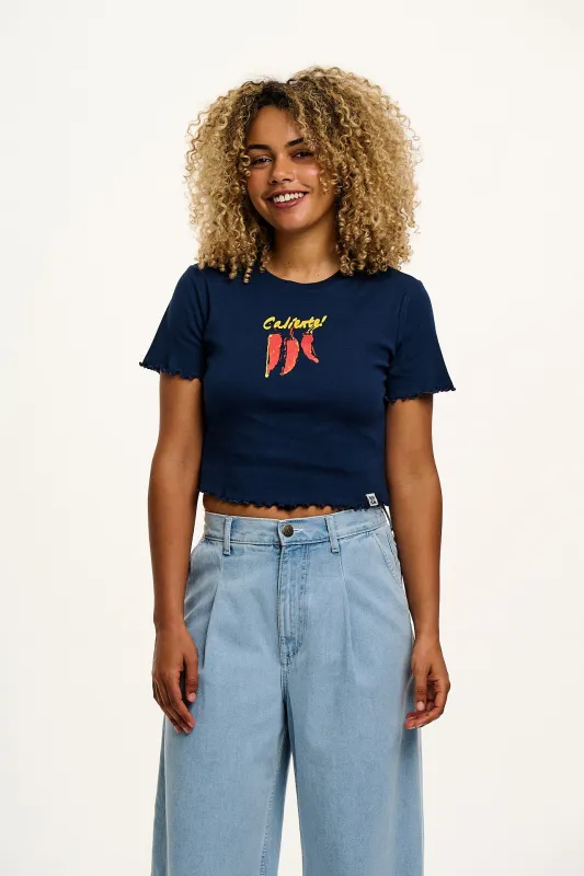 Greta - Cropped Cotton Top in Navy Caliente! Print sold by Lucy & Yak