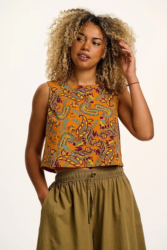 Arden - Cotton & Linen Shell Top in in Orange Sunset Paisley Print sold by Lucy & Yak