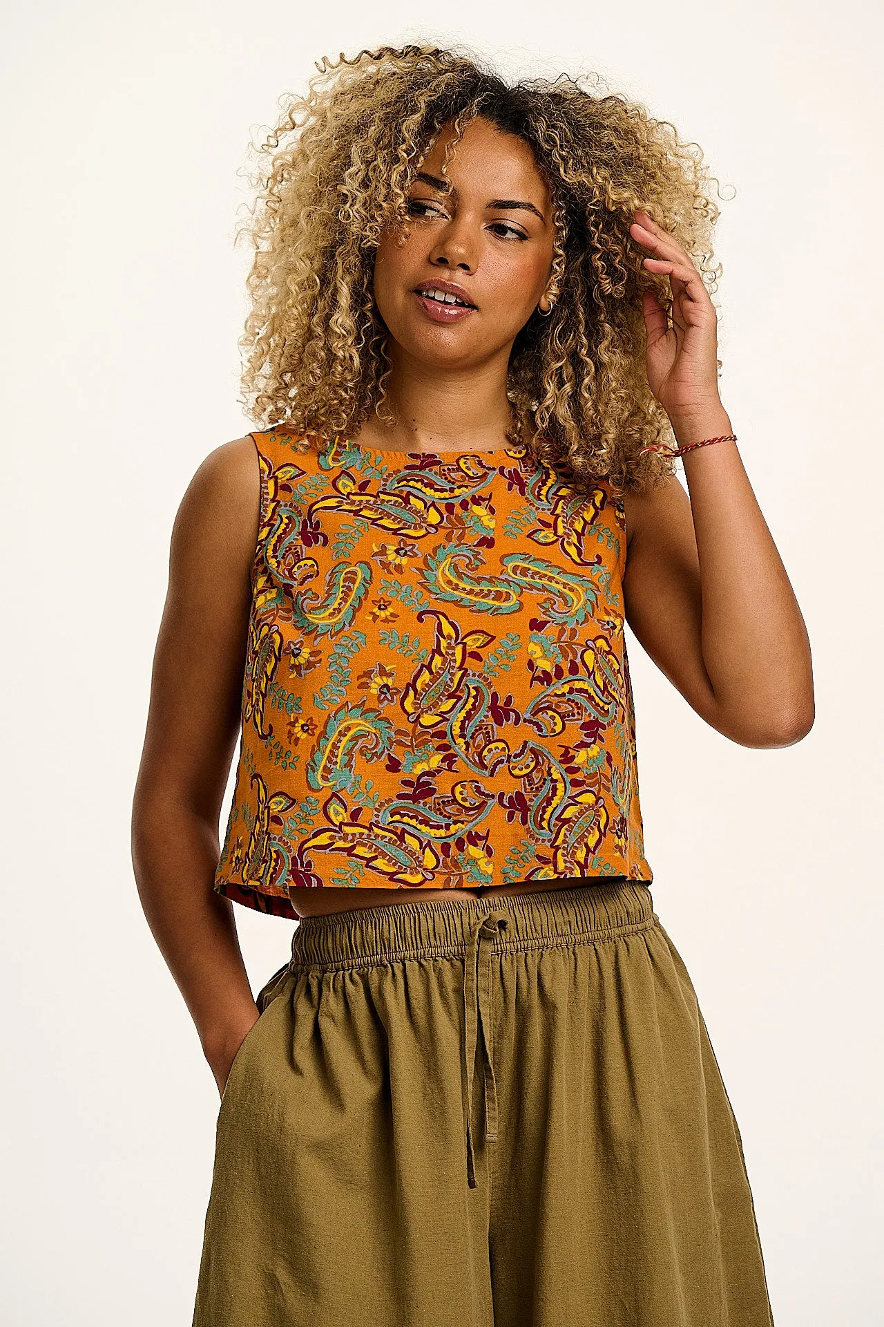 Arden - Cotton & Linen Shell Top in in Orange Sunset Paisley Print sold by Lucy & Yak