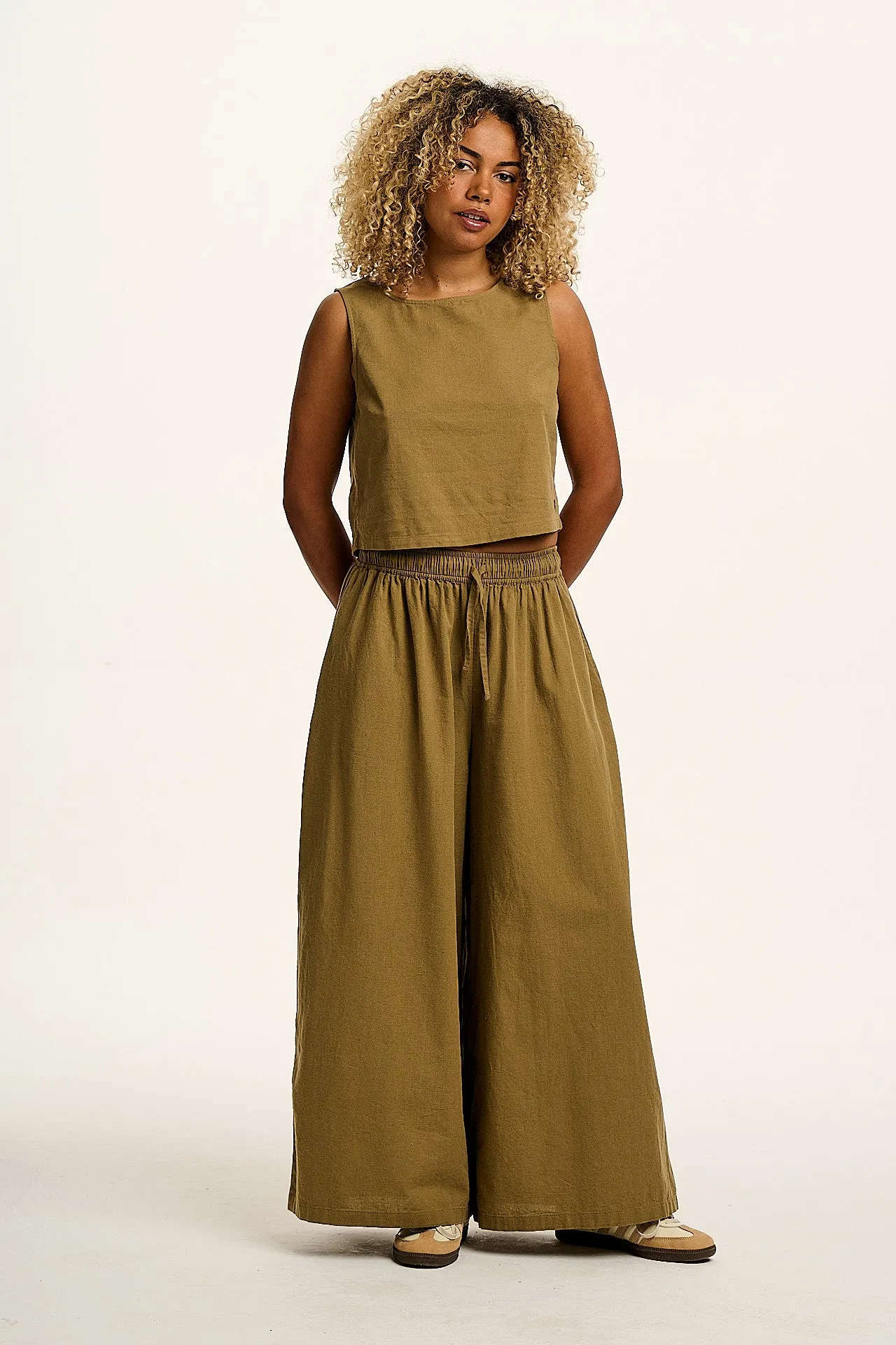 Aster - Cotton & Linen Trousers in Khaki Green sold by Lucy & Yak