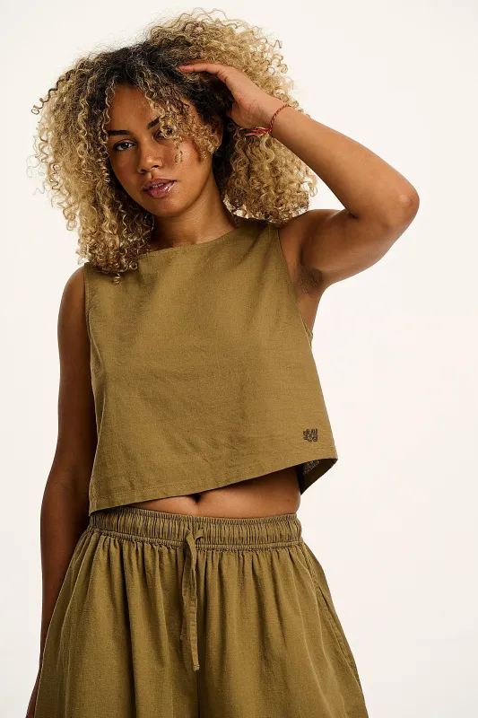 Arden - Cotton & Linen Shell Top in Khaki Green sold by Lucy & Yak