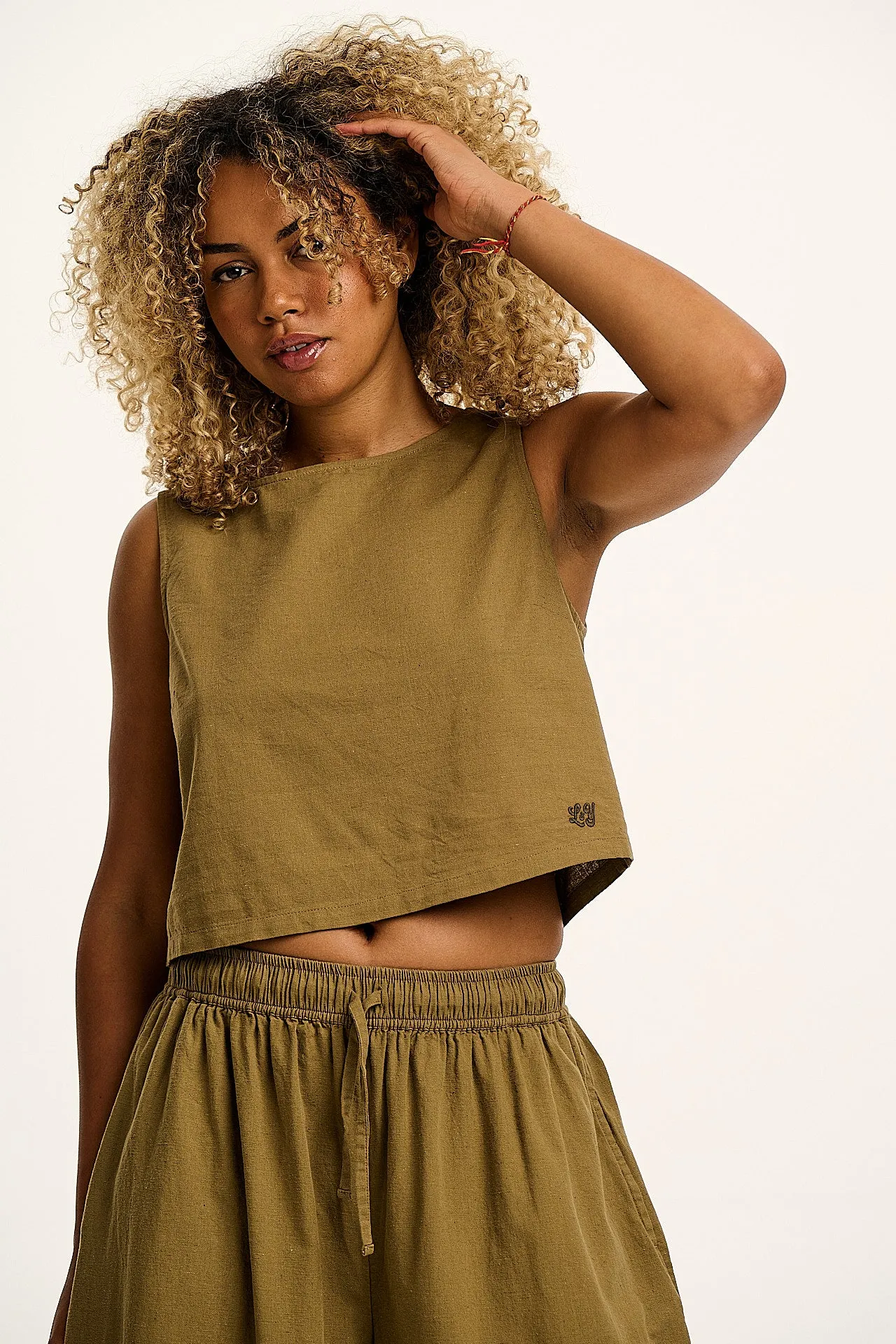 Arden - Cotton & Linen Shell Top in Khaki Green sold by Lucy & Yak