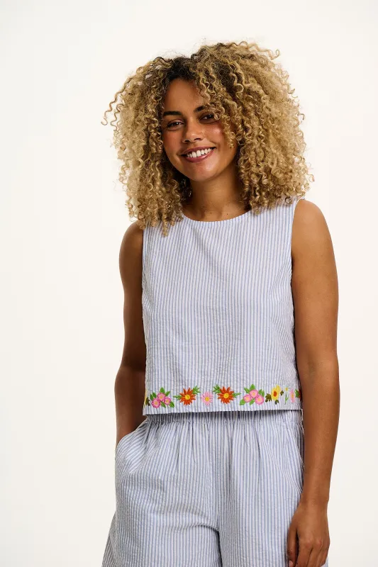Arden - Cotton Seersucker Shell Top in Blue Stripe with Floral Embroidery sold by Lucy & Yak