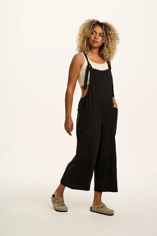 Rudy - Cotton Gauze Dungarees in Black sold by Lucy & Yak