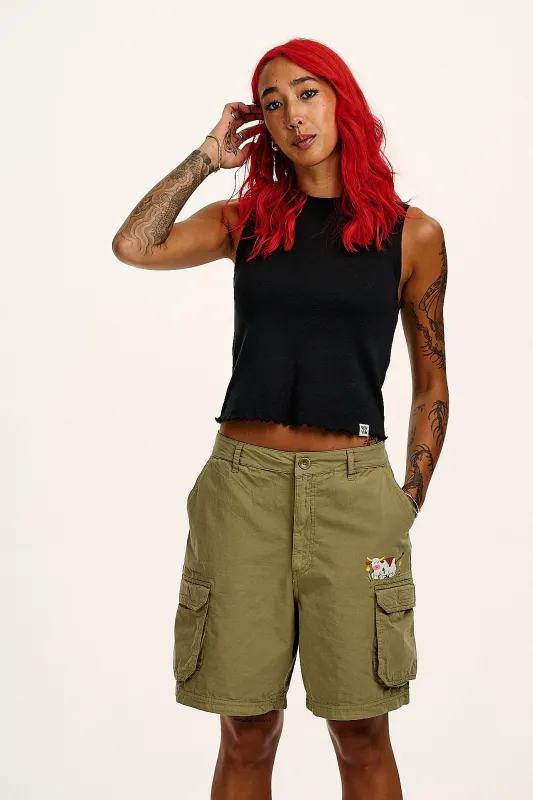 L.E. Avery - Cotton Cargo Shorts with Hand-Painted Cow Print sold by Lucy & Yak