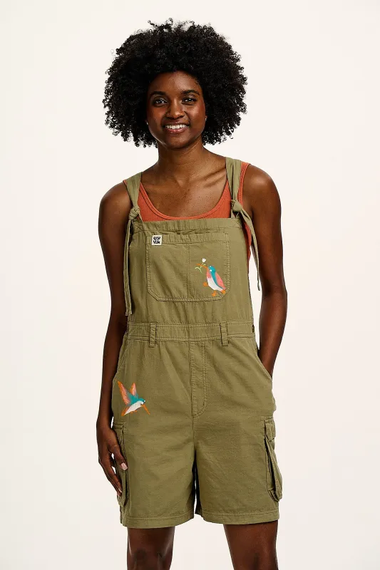L.E. Colorado - Cotton Cargo Dungaree Shorts with Hand-Painted Bird Print sold by Lucy & Yak