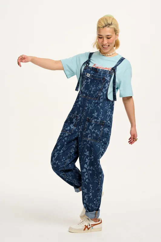 Original - Denim Dungaree in Mid Wash Floral Lasering sold by Lucy & Yak