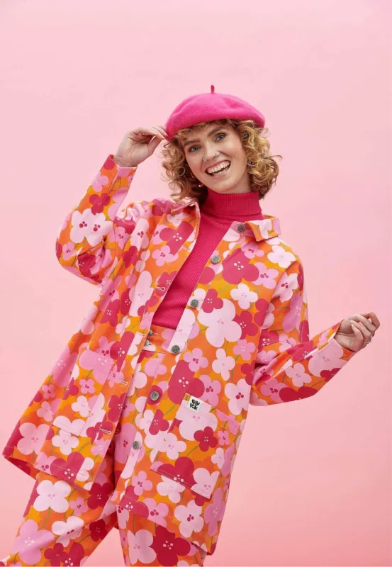 Olly - Oversized Cotton Jacket in Pink Floral Print sold by Lucy & Yak