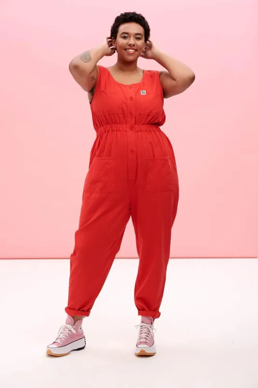 Juni - Cotton Boilersuit in Fiery Red sold by Lucy & Yak