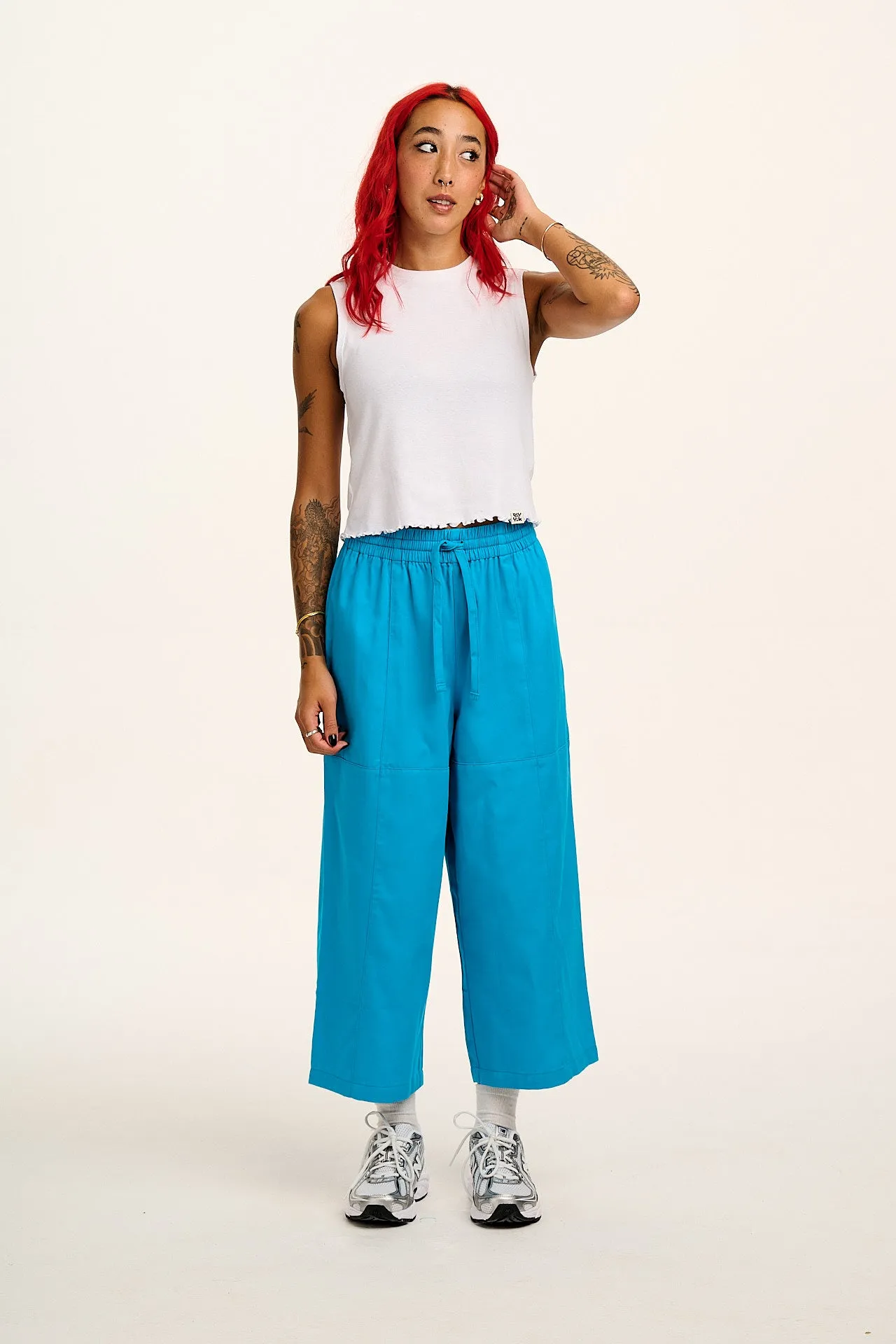 Chuck - Wide Leg Cotton Trousers in Hawaiian Blue sold by Lucy & Yak