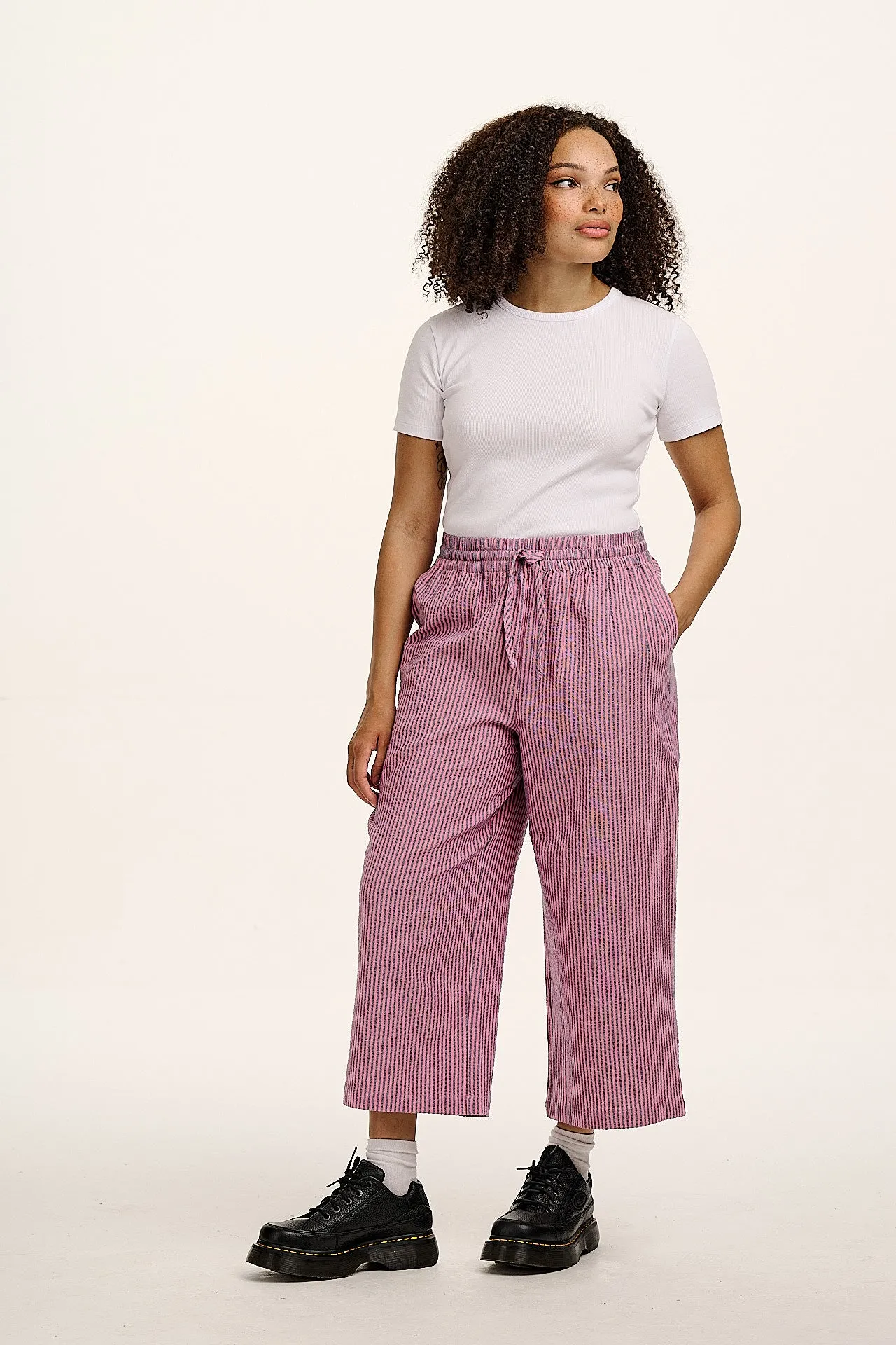 Chuck - Wide Leg Cotton Trousers in Pink & Blue Stripe sold by Lucy & Yak