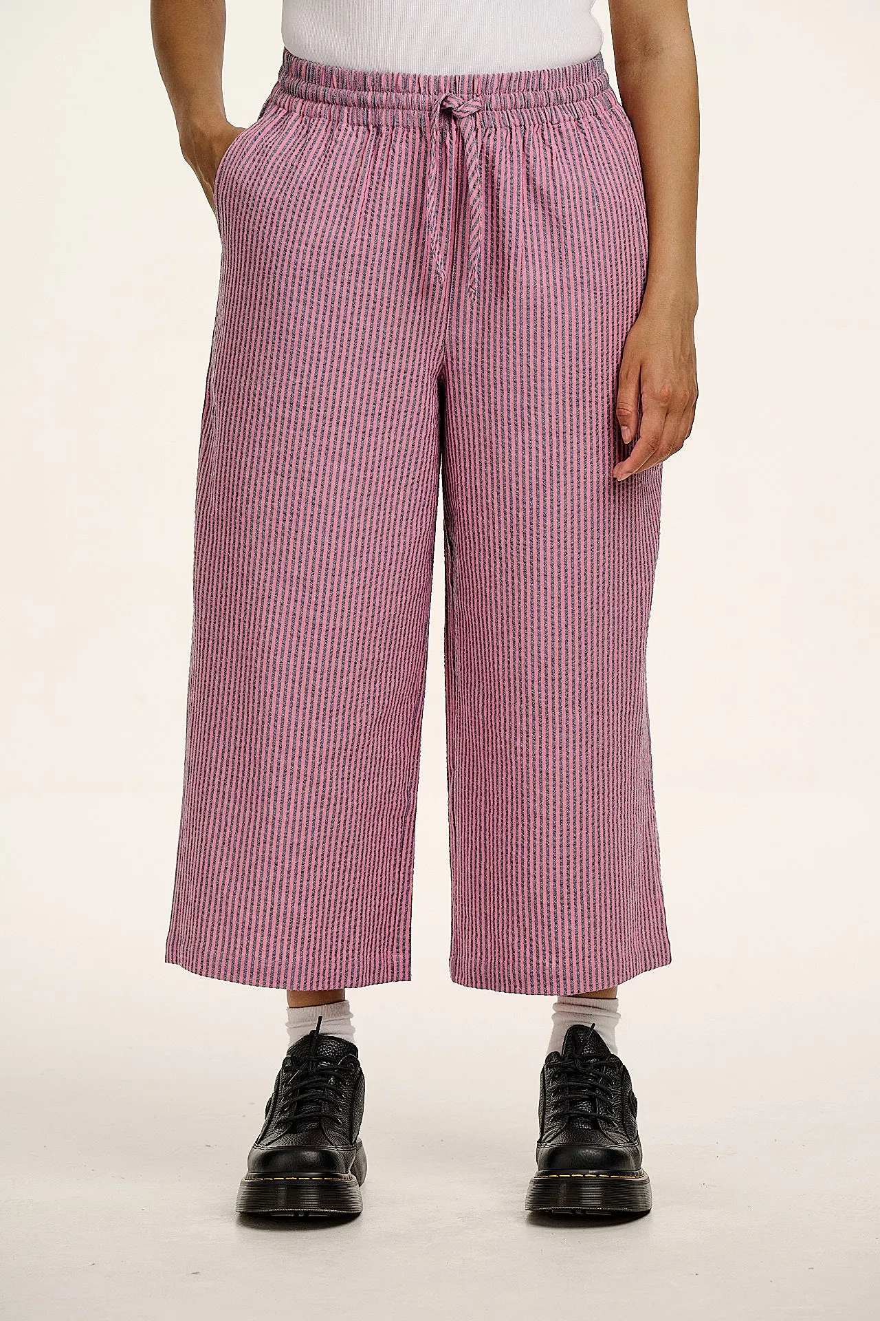 Chuck - Wide Leg Cotton Trousers in Pink & Blue Stripe sold by Lucy & Yak product image thumbnail 2