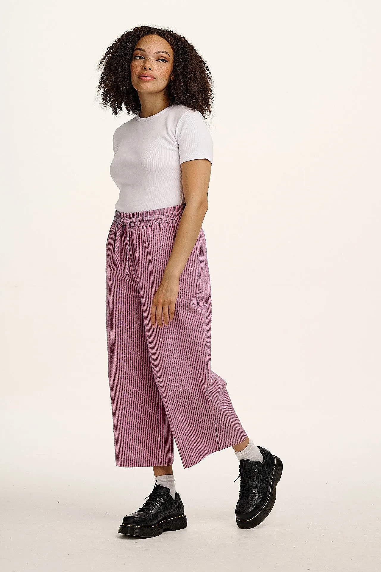 Chuck - Wide Leg Cotton Trousers in Pink & Blue Stripe sold by Lucy & Yak product image thumbnail 5