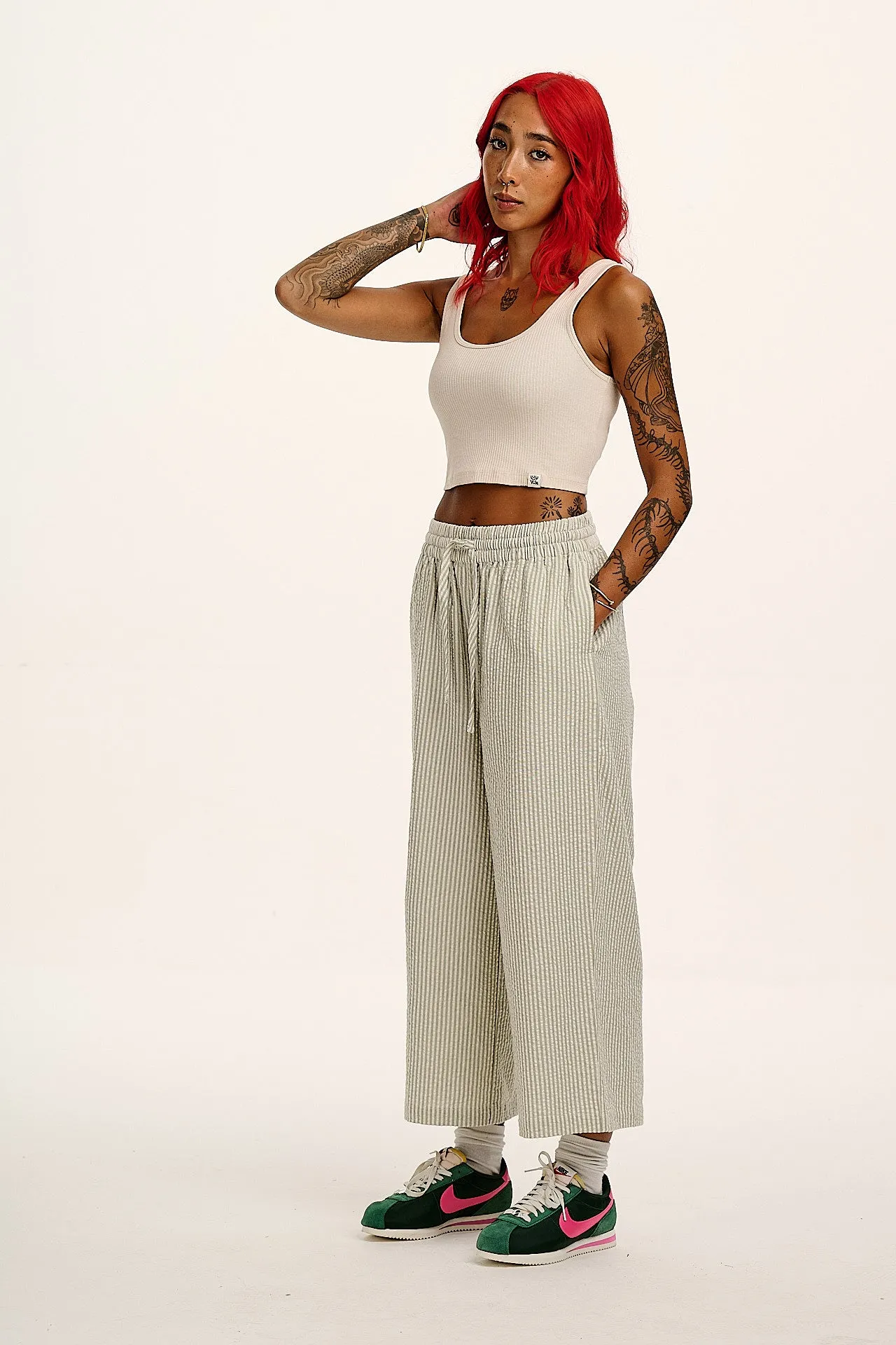 Chuck - Wide Leg Cotton Trousers in Green Stripe sold by Lucy & Yak