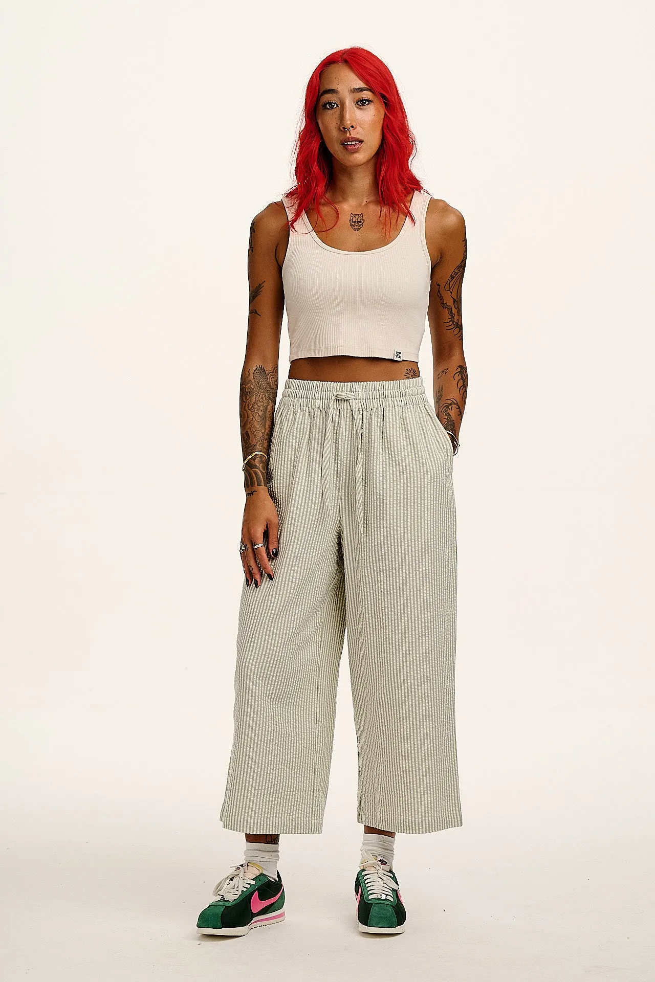 Chuck - Wide Leg Cotton Trousers in Green Stripe sold by Lucy & Yak product image thumbnail 5