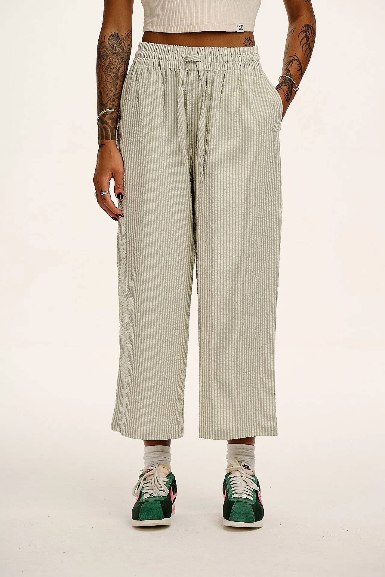 Chuck - Wide Leg Cotton Trousers in Green Stripe sold by Lucy & Yak product image thumbnail 2