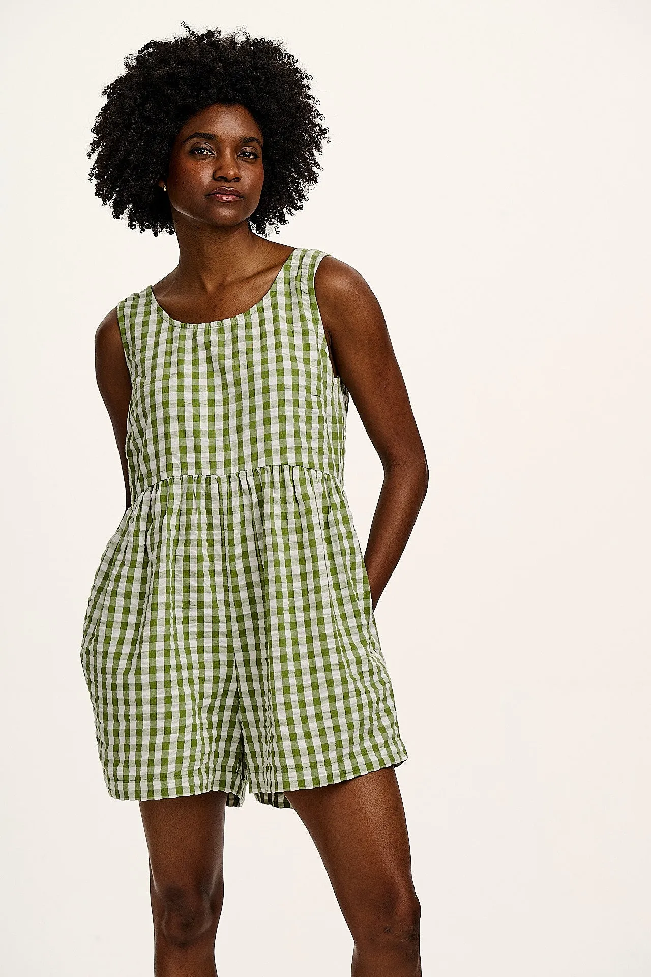 Alisa - Cotton Playsuit in Green & White Gingham sold by Lucy & Yak