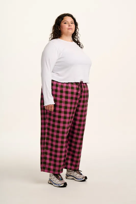 Chuck - Wide Leg Cotton Trousers in Pink and Green Checkerboard sold by Lucy & Yak